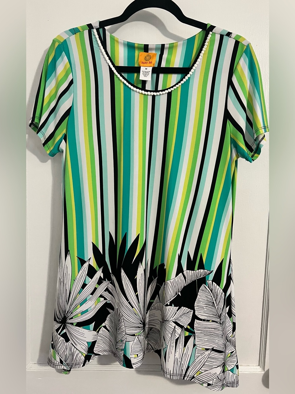 Ruby Rd. Green Teal and Black Striped Short-Sleeve Top with Floral Hem